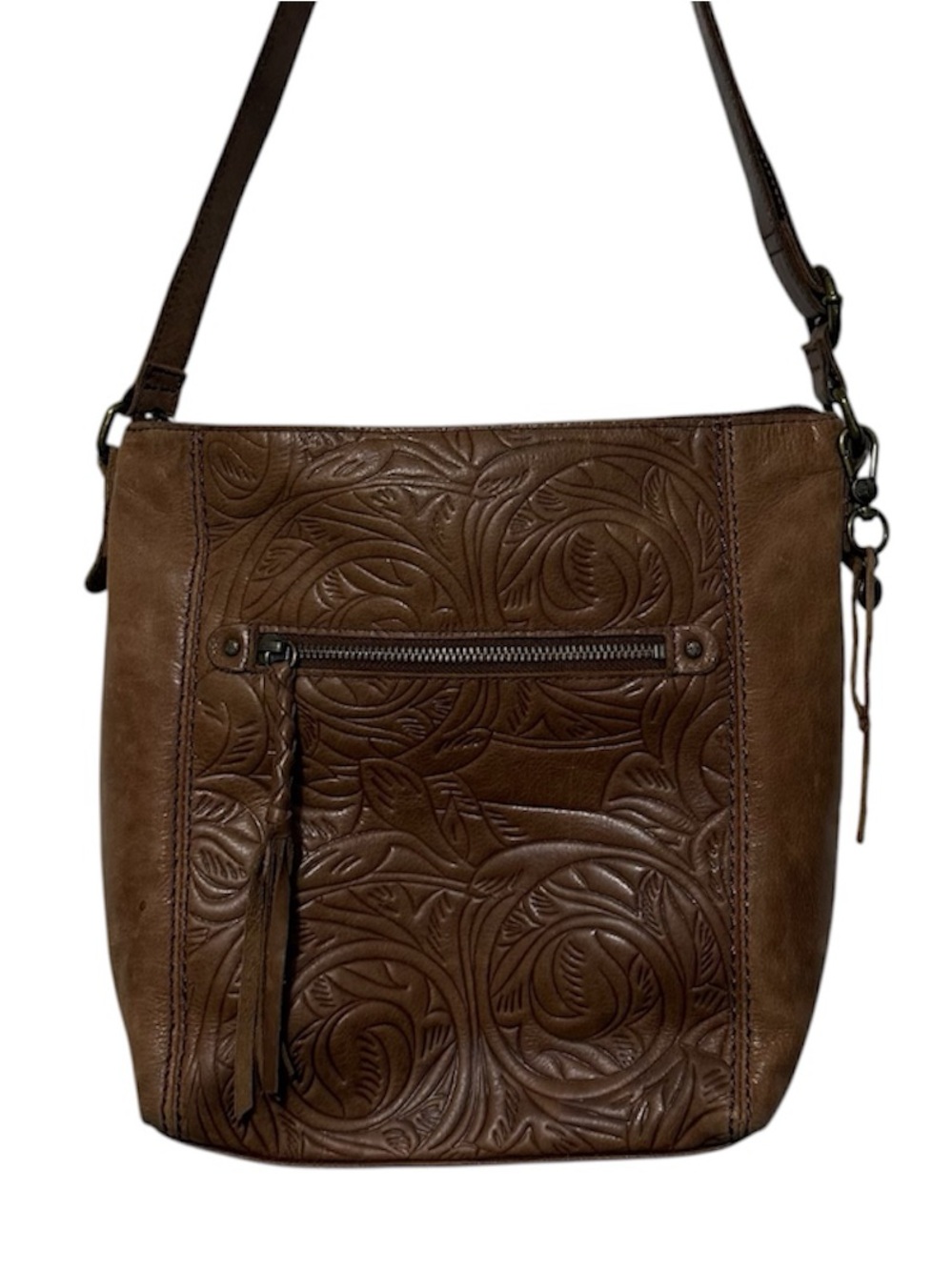 The Sak Ashland Leather Brown Crossbody Purse Maritime Wave Embossed Boho